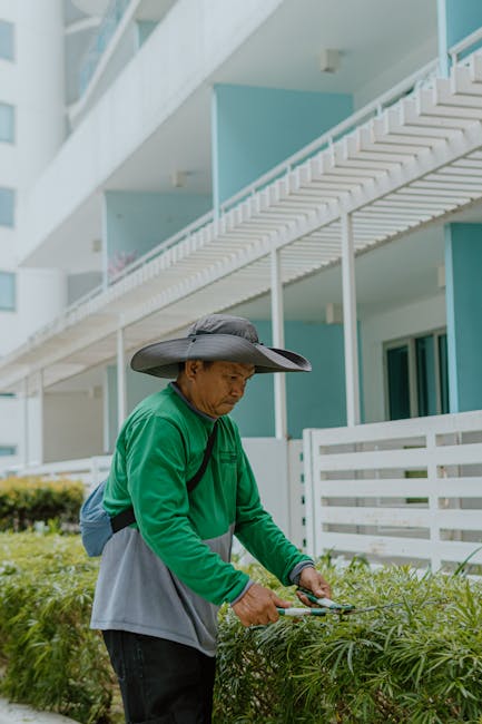 A gardener wearing a wide-brimmed hat and a green long-sleeve shirt is trimming a dense hedge with pruning shears, focused on shaping the foliage. The garden displays a well-maintained lawn bordered b